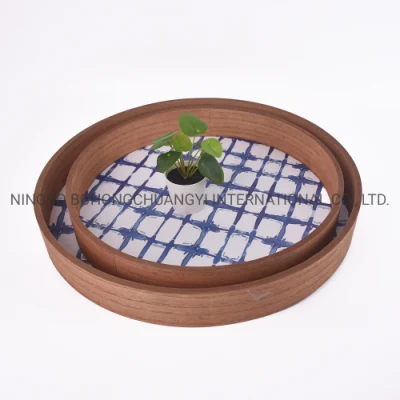 Vajilla de madera, bandejas cuadradas redondas para servir café con asa, juego de 2 bandejas de soporte de madera