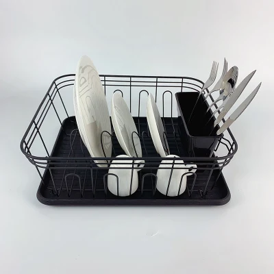 Estante de secado de platos de cocina con bandeja de plástico organizador de utensilios