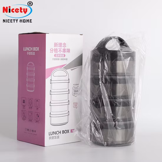 Nuevo diseño de plástico de acero inoxidable redondo multicapa portátil de preservación del calor lonchera almacenamiento de alimentos al aire libre