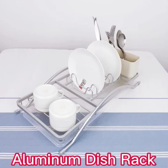 Precio de fábrica organizador de fregadero de cocina estante de secado de platos de aluminio con soporte de utensilios de plástico