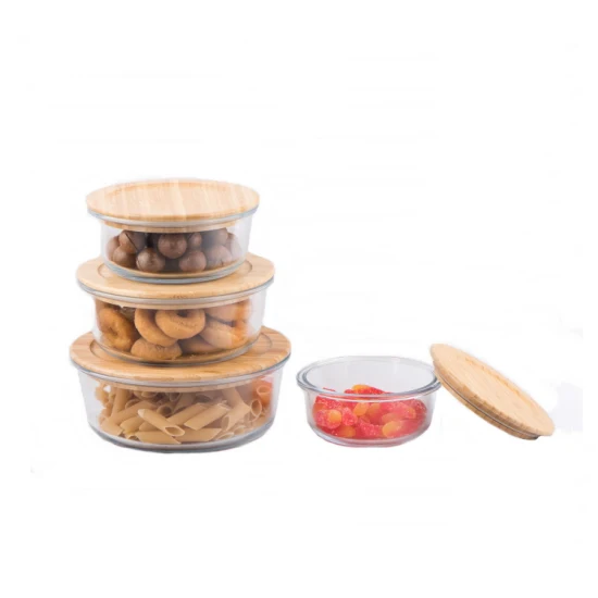 Caja de conservación de alimentos de vidrio redondo / Envase de alimentos / Fiambrera con tapa de bambú